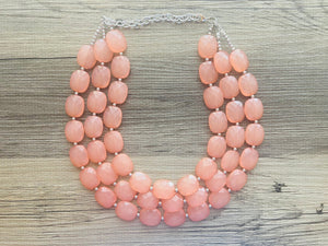 Chunky Coral Triple Strand statement necklace, gifts for Women peach Necklace, statement jewelry, silver and peach collar bib