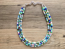 Load image into Gallery viewer, Chunky Jewel Tone Glass Statement Necklace, multi Strand Beaded Jewelry, Blue &amp; Pink jewelry, brown necklace, blue green ball necklace