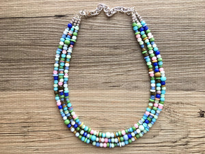 Chunky Jewel Tone Glass Statement Necklace, multi Strand Beaded Jewelry, Blue & Pink jewelry, brown necklace, blue green ball necklace