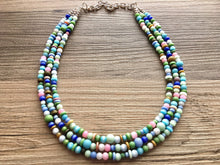 Load image into Gallery viewer, Chunky Jewel Tone Glass Statement Necklace, multi Strand Beaded Jewelry, Blue &amp; Pink jewelry, brown necklace, blue green ball necklace