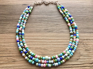 Chunky Jewel Tone Glass Statement Necklace, multi Strand Beaded Jewelry, Blue & Pink jewelry, brown necklace, blue green ball necklace