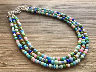 Chunky Jewel Tone Glass Statement Necklace, multi Strand Beaded Jewelry, Blue & Pink jewelry, brown necklace, blue green ball necklace