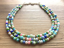 Load image into Gallery viewer, Chunky Jewel Tone Glass Statement Necklace, multi Strand Beaded Jewelry, Blue &amp; Pink jewelry, brown necklace, blue green ball necklace