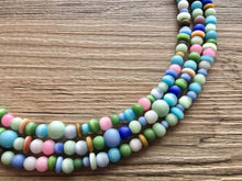 Load image into Gallery viewer, Chunky Jewel Tone Glass Statement Necklace, multi Strand Beaded Jewelry, Blue &amp; Pink jewelry, brown necklace, blue green ball necklace