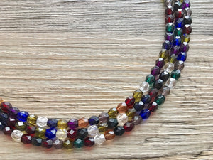 Rainbow Multi Color Chunky Statement Necklace, rainbow triple strand necklace, acrylic crystal jewelry, multi color jewelry, rainbow jewelry