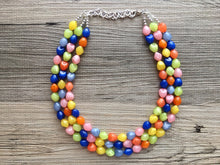 Load image into Gallery viewer, Statement Necklace, rainbow triple strand chunky bib beaded jewelry, colorful bead necklace, thick textured rainbow statement