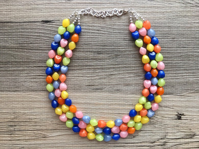 Statement Necklace, rainbow triple strand chunky bib beaded jewelry, colorful bead necklace, thick textured rainbow statement