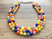 Load image into Gallery viewer, Statement Necklace, rainbow triple strand chunky bib beaded jewelry, colorful bead necklace, thick textured rainbow statement