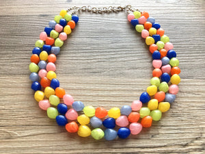 Statement Necklace, rainbow triple strand chunky bib beaded jewelry, colorful bead necklace, thick textured rainbow statement