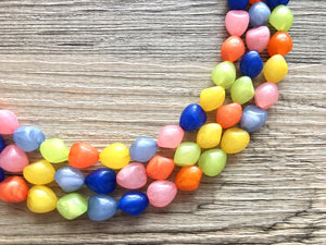 Statement Necklace, rainbow triple strand chunky bib beaded jewelry, colorful bead necklace, thick textured rainbow statement