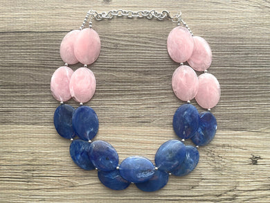 Pink & Blue Chunky Statement Necklace, Big beaded jewelry, multi strand Statement Necklace, chunky royal and blush bib jewelry earrings