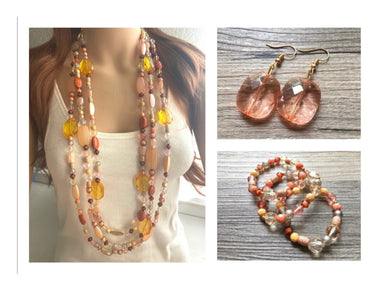 Peach Chunky Statement Necklace & Stretch Bracelet set, Triple Strand Beaded Jewelry, coral pink jewelry, peach bridesmaid marigold gold