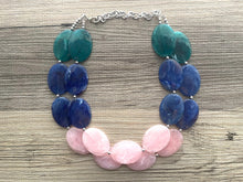 Load image into Gallery viewer, Pink Green &amp; Blue Chunky Statement Necklace, Big beaded jewelry, multi strand Statement Necklace, royal blush emerald jewelry earrings