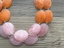 Load image into Gallery viewer, Yellow Orange Pink Chunky Statement Necklace, Big beaded jewelry, multi strand Statement Necklace, blush yellow jewelry earrings