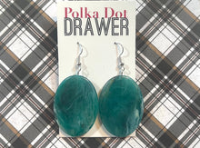 Load image into Gallery viewer, Emerald Green Oval Drop earrings, gold or silver geometric earrings pierced dangle drop Statement, bridesmaid earrings wedding gift