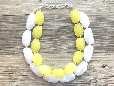 Lemon Yellow & White Necklace, multi strand jewelry, big beaded chunky statement necklace, pink necklace, bridesmaid necklace, bib necklace