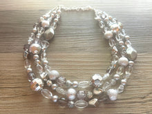 Load image into Gallery viewer, Silver and Clear statement necklace, lucite necklace, resin necklace, clear three strand chunky jewelry, silver Beaded Holiday Necklace