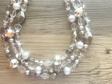 Silver and Clear statement necklace, lucite necklace, resin necklace, clear three strand chunky jewelry, silver Beaded Holiday Necklace