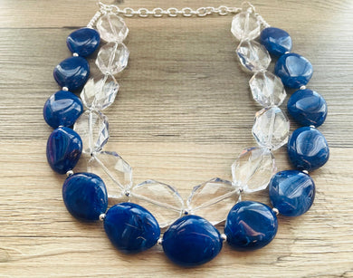 Dark Blue & Clear Resin Double Strand Statement Necklace, Chunky Royal Blue Oval Beaded Bib Jewelry, blue jewlery necklace earrings