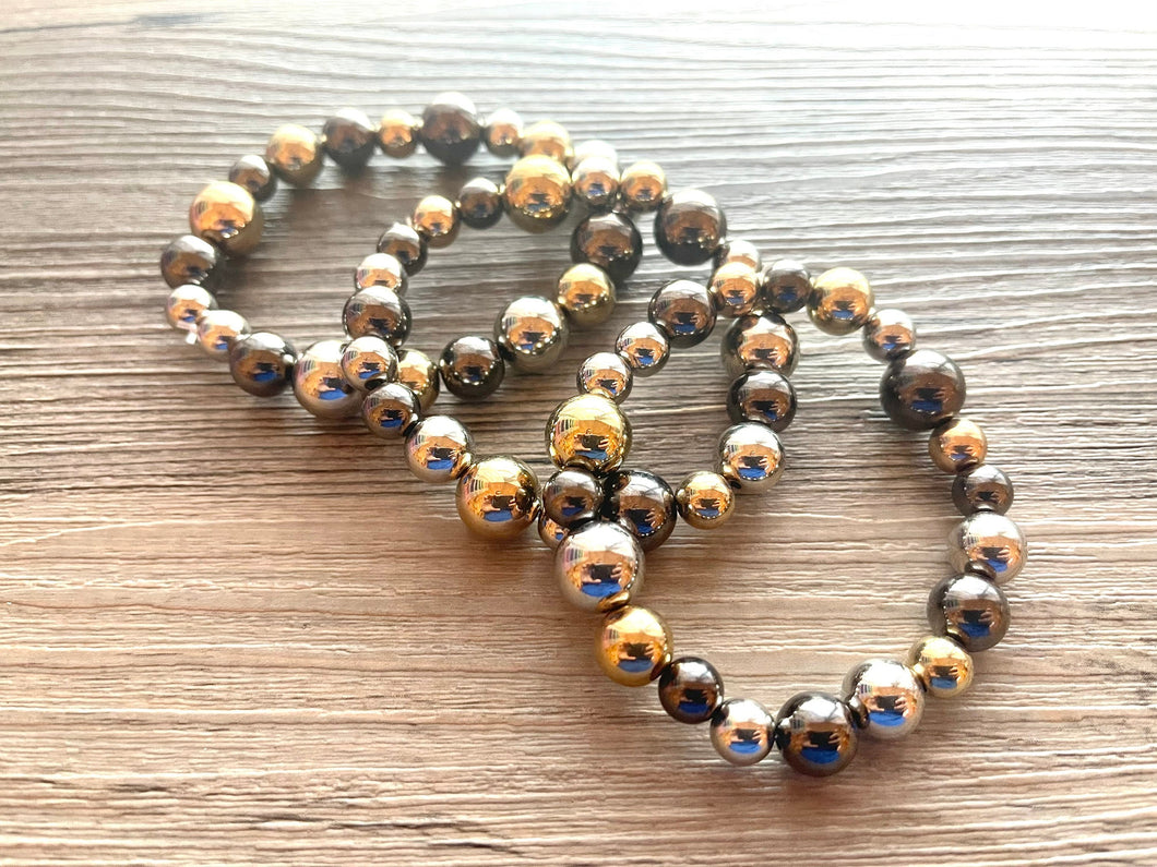 Metallic mirror silver gold & gunmetal bracelet Jewelry, Christmas Jewelry, silver Jewelry, metal triple strand chunky statement beaded