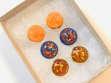 Set of 3 Orange and Confetti Glitter earrings, 12mm earrings, sparkle earrings, stud earrings, blue burnt orange statement jewelry