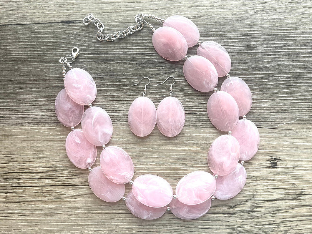 Blush Pink Chunky Statement Necklace, Big beaded jewelry, multi strand Statement Necklace, chunky baby pink bib jewelry earrings