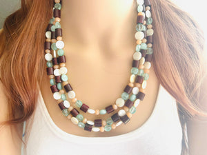Mint Green Jungle Chunky Statement Necklace, green white beaded necklace, colorful jewelry multi strand necklace, bib chunky Statement
