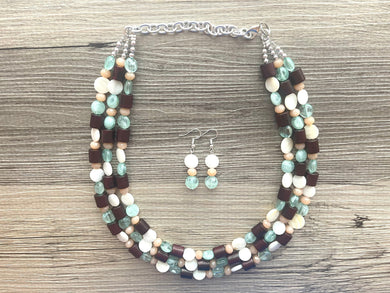 Mint Green Jungle Chunky Statement Necklace, green white beaded necklace, colorful jewelry multi strand necklace, bib chunky Statement