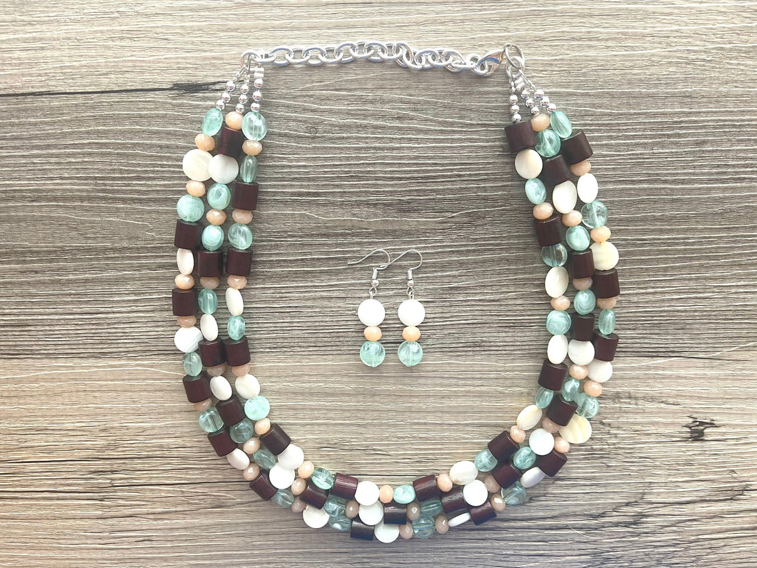 Mint Green Jungle Chunky Statement Necklace, green white beaded necklace, colorful jewelry multi strand necklace, bib chunky Statement