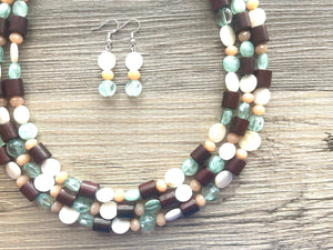 Mint Green Jungle Chunky Statement Necklace, green white beaded necklace, colorful jewelry multi strand necklace, bib chunky Statement