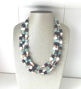 Mint Green Jungle Chunky Statement Necklace, green white beaded necklace, colorful jewelry multi strand necklace, bib chunky Statement