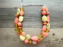 Load image into Gallery viewer, Morning Sun Statement Necklace, chunky bib beaded jewelry, neutral jewelry, coral orange yellow necklace, beaded acrylic jewelry