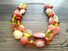Load image into Gallery viewer, Morning Sun Statement Necklace, chunky bib beaded jewelry, neutral jewelry, coral orange yellow necklace, beaded acrylic jewelry