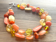 Load image into Gallery viewer, Morning Sun Statement Necklace, chunky bib beaded jewelry, neutral jewelry, coral orange yellow necklace, beaded acrylic jewelry