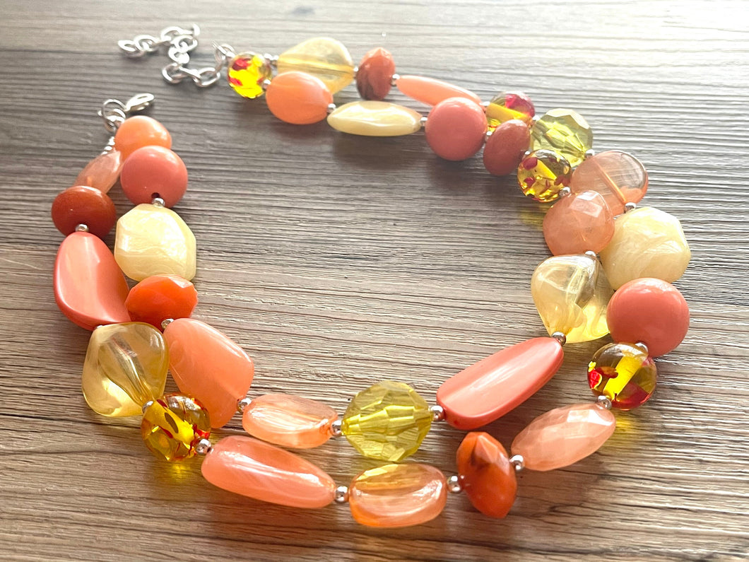 Morning Sun Statement Necklace, chunky bib beaded jewelry, neutral jewelry, coral orange yellow necklace, beaded acrylic jewelry