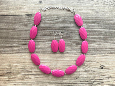 Dark Pink Single Strand Big Beaded Statement Necklace, pink Jewelry set, pink earrings, pink beaded necklace, bridesmaid necklace, magenta