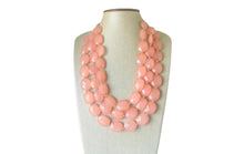 Load image into Gallery viewer, Chunky Coral Triple Strand statement necklace, gifts for Women peach Necklace, statement jewelry, silver and peach collar bib