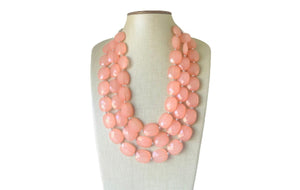 Chunky Coral Triple Strand statement necklace, gifts for Women peach Necklace, statement jewelry, silver and peach collar bib