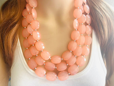 Chunky Coral Triple Strand statement necklace, gifts for Women peach Necklace, statement jewelry, silver and peach collar bib