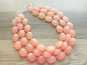 Chunky Coral Triple Strand statement necklace, gifts for Women peach Necklace, statement jewelry, silver and peach collar bib