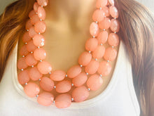 Load image into Gallery viewer, Chunky Coral Triple Strand statement necklace, gifts for Women peach Necklace, statement jewelry, silver and peach collar bib