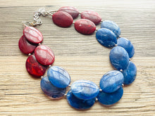 Load image into Gallery viewer, Red &amp; Blue Chunky Statement Necklace, Big beaded jewelry, multi strand Statement Necklace, chunky royal 4th of July jewelry earrings