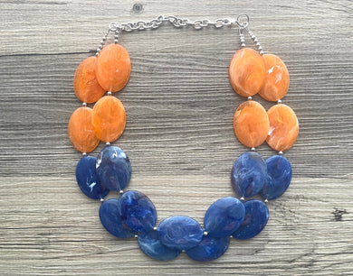 Orange & Blue Chunky Statement Necklace, Big beaded jewelry, multi strand Statement Necklace, chunky royal blue orange jewelry earrings