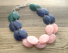 Load image into Gallery viewer, Pink Green &amp; Blue Chunky Statement Necklace, Big beaded jewelry, multi strand Statement Necklace, royal blush emerald jewelry earrings