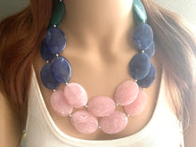 Load image into Gallery viewer, Pink Green &amp; Blue Chunky Statement Necklace, Big beaded jewelry, multi strand Statement Necklace, royal blush emerald jewelry earrings