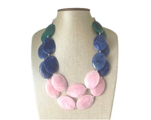 Load image into Gallery viewer, Pink Green &amp; Blue Chunky Statement Necklace, Big beaded jewelry, multi strand Statement Necklace, royal blush emerald jewelry earrings