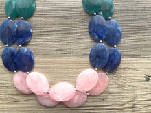 Load image into Gallery viewer, Pink Green &amp; Blue Chunky Statement Necklace, Big beaded jewelry, multi strand Statement Necklace, royal blush emerald jewelry earrings