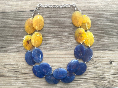 Yellow & Blue Chunky Statement Necklace, Big beaded jewelry, multi strand Statement Necklace, chunky royal blue jewelry earrings