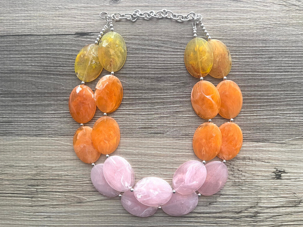 Yellow Orange Pink Chunky Statement Necklace, Big beaded jewelry, multi strand Statement Necklace, blush yellow jewelry earrings