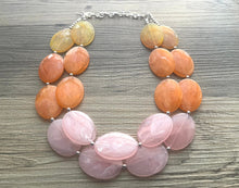 Load image into Gallery viewer, Yellow Orange Pink Chunky Statement Necklace, Big beaded jewelry, multi strand Statement Necklace, blush yellow jewelry earrings